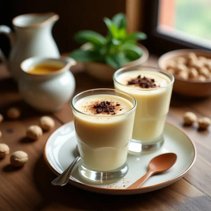 Copas de cristal transparente llenas de crema pastelera de horchata de tigre, con decoración de canela en polvo y virutas de chocolate negro, sobre una mesa rústica de madera con horchata de chufa y chufas al fondo.