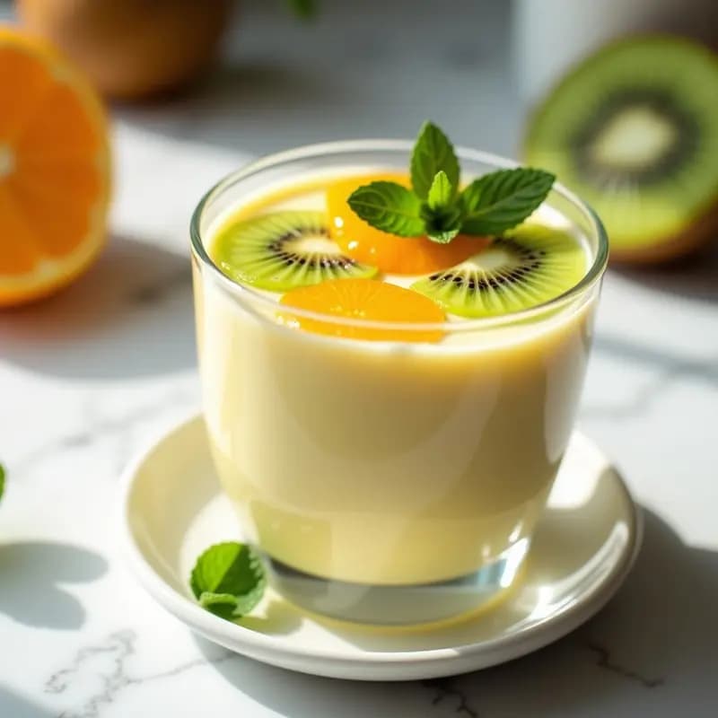 Copa de cristal transparente con crema pastelera sedosa, coronada con trozos frescos de kiwi verde y gajos de naranja, decorada con hojas de menta, sobre fondo blanco con luz natural.