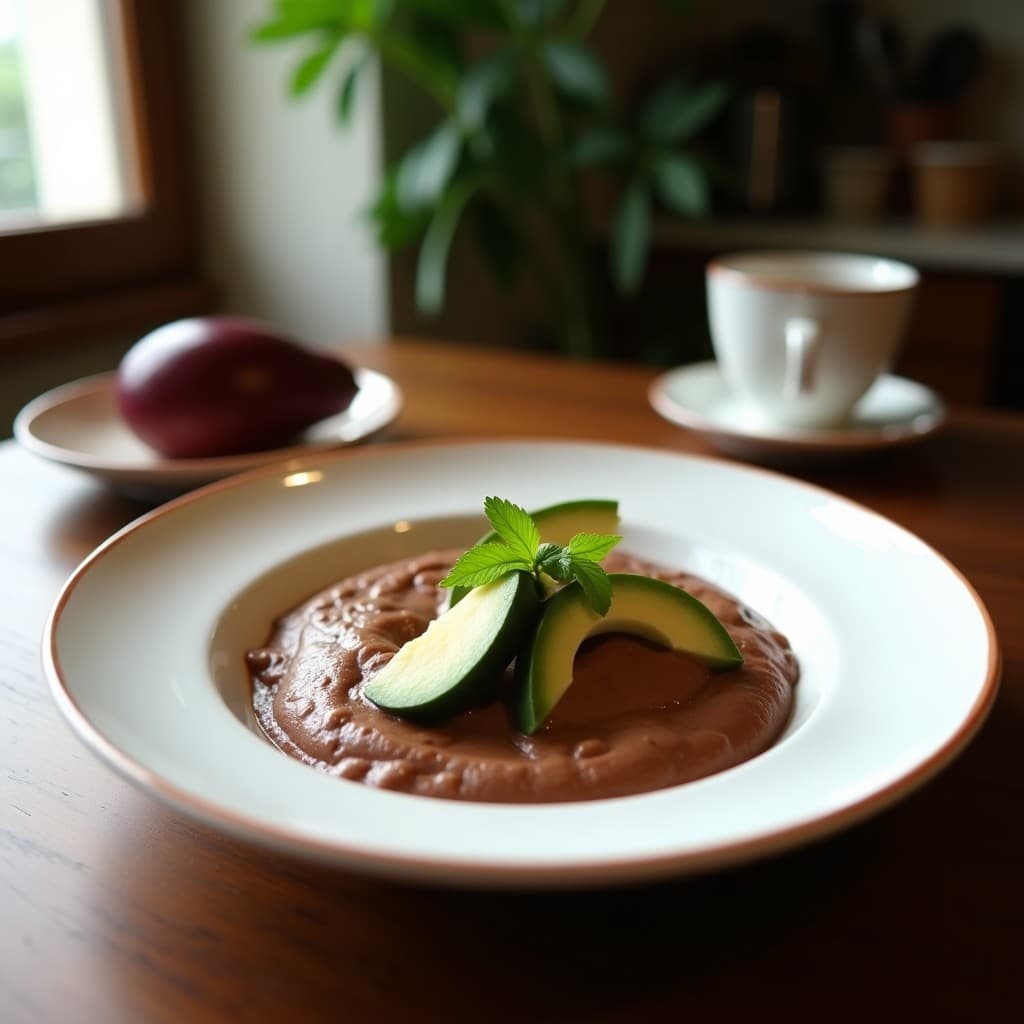 Bowl de cristal con crema pastelera vegana de aguacate y cacao, textura sedosa y color chocolate oscuro, decorada con virutas de chocolate negro y frambuesas frescas.