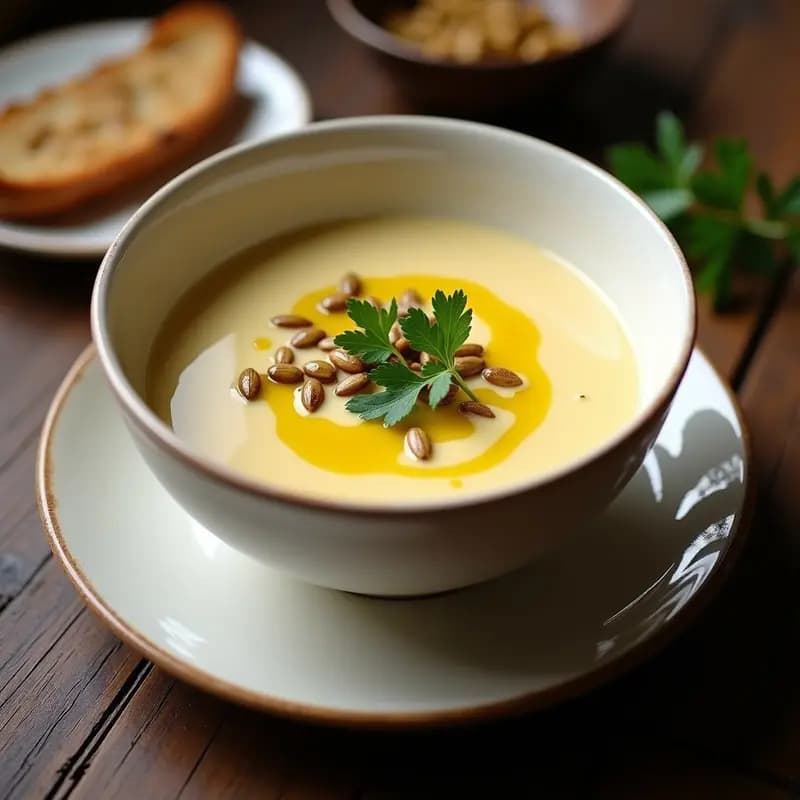 Cuenco blanco con crema de pastinaca ahumada espesa, decorada con perejil fresco y semillas de calabaza tostadas, con un hilo de aceite de oliva virgen extra. Fondo rústico de madera con trozos de pan integral.