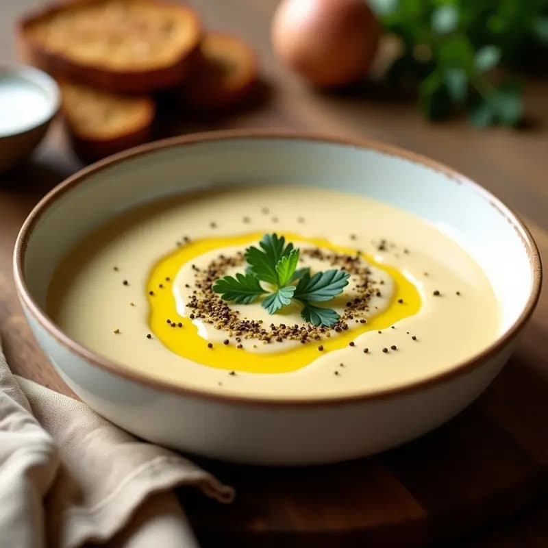 Cuenco de cerámica blanca con crema de pastinaca suave y cremosa, decorada con un hilo de aceite de oliva, zaatar espolvoreado y hojas de perejil fresco. Fondo rústico con pan de centeno tostado.