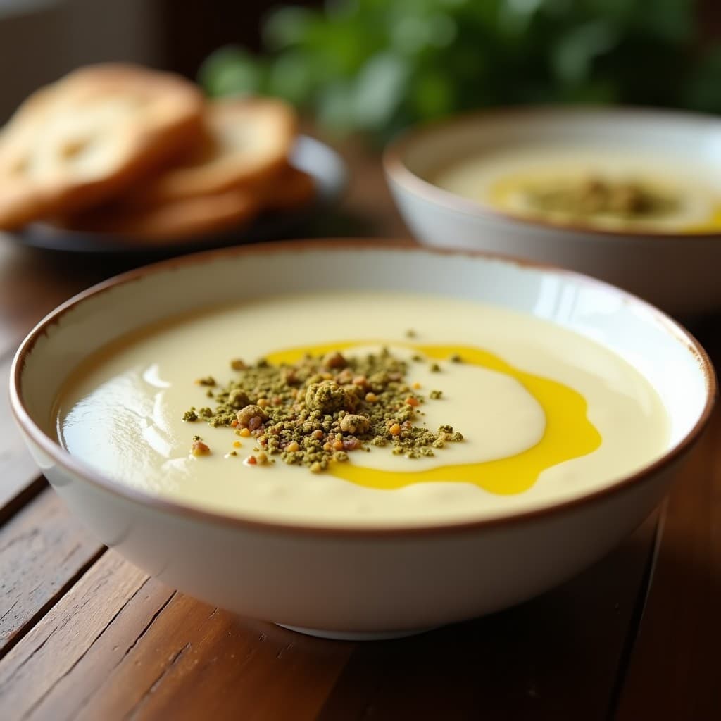 Cuenco blanco con crema de pastinaca al zaatar en Thermomix, textura sedosa y color beige, decorada con un hilo de aceite de oliva virgen extra y una pizca de zaatar espolvoreado. Fondo de madera rústica con pan pita tostado al lado.