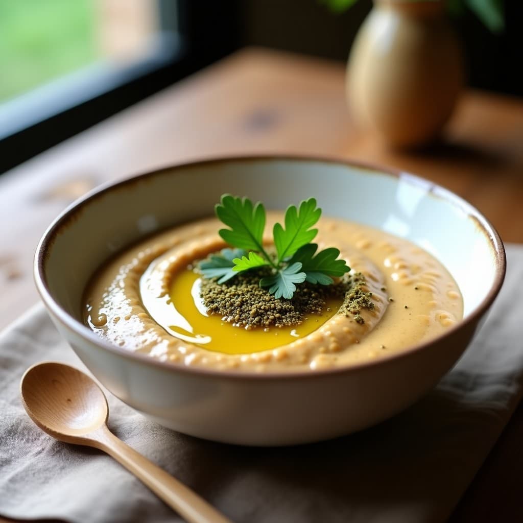 Crema de pasto ahumado con zaatar servida en un bol blanco rústico, decorada con perejil fresco y un hilo de aceite de oliva, receta airfryer sin lactosa.
