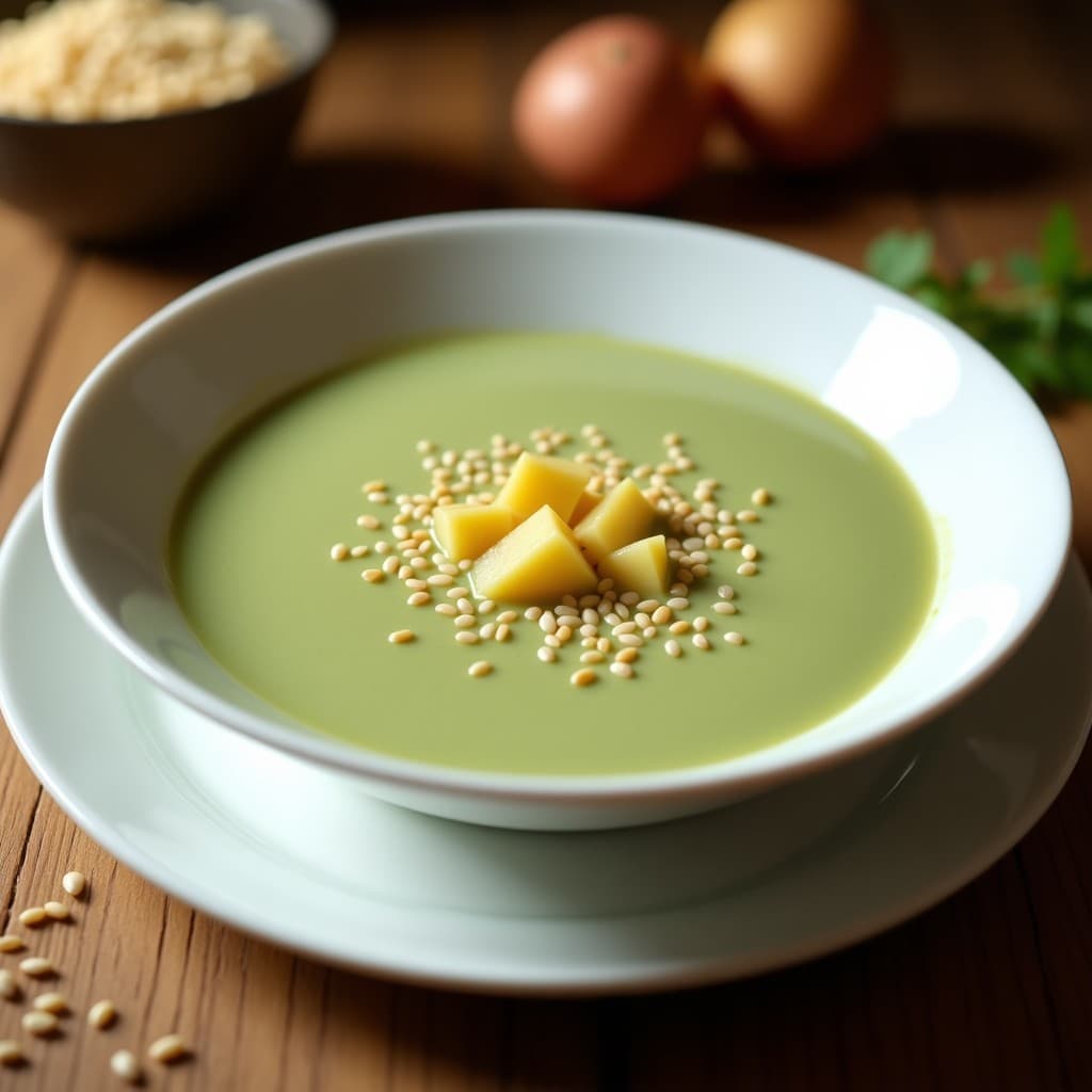 Crema de pasto con ajonjolí colombiana servida en un plato hondo blanco, con rodajas de papa y espolvoreada generosamente con ajonjolí tostado, receta tradicional saludable.