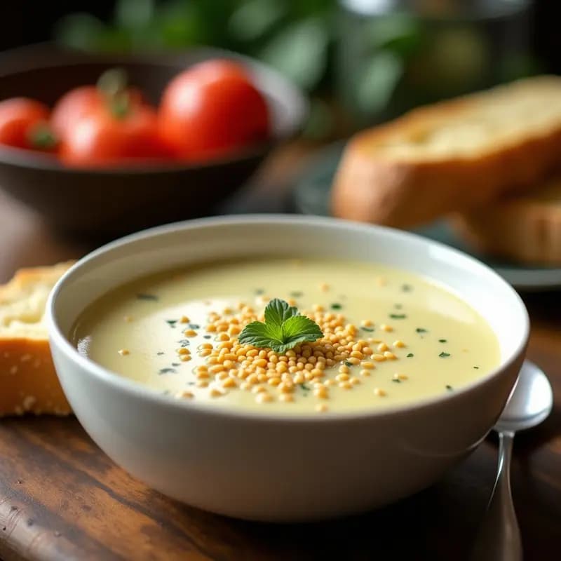 Plato hondo de cerámica blanca con crema de pasto colombiana, espolvoreada generosamente con ajonjolí tostado dorado, acompañada de una rebanada de pan rústico.