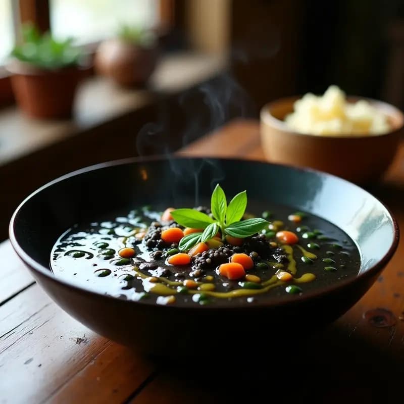 Bowl de cerámica oscura con crema de pasto y arroz negro, decorada con hojas de pasto fresco y un hilo de aceite de oliva virgen extra, sobre fondo rústico de madera.