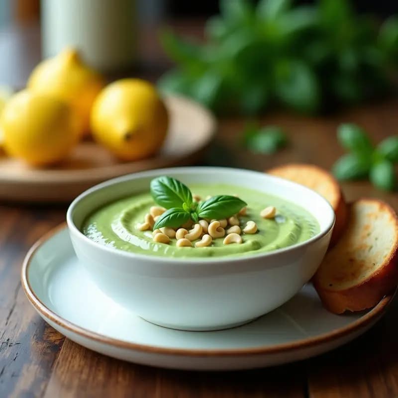 Bowl de cerámica blanca con crema de pasto casero de color verde vibrante, decorada con hojas de albahaca fresca y anacardos picados, acompañada de pan tostado y rodajas de limón.