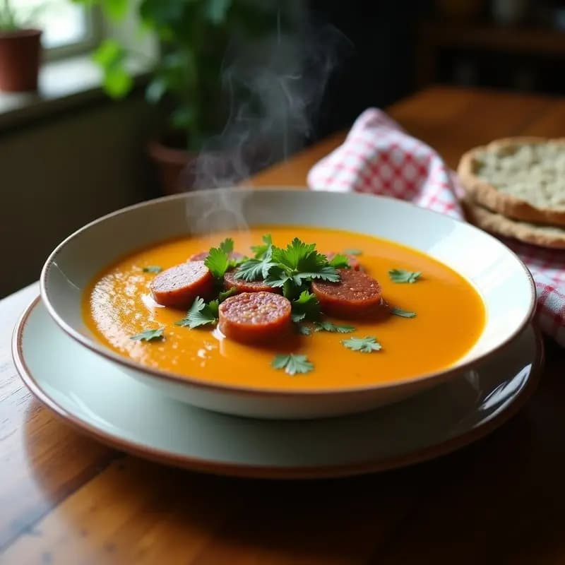 Plato hondo de cerámica blanca con crema de pasto espesa, trozos de chorizo vegano dorado y cilantro fresco picado, receta colombiana vegana.