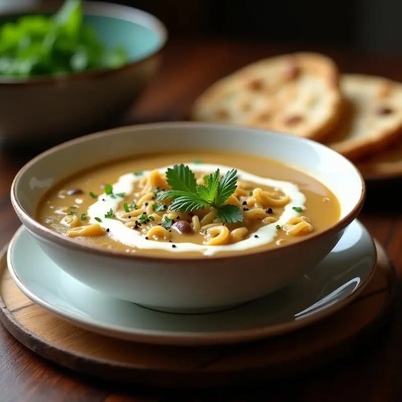 Plato hondo de cerámica blanca con crema de pasto espesa, fideos finos persas, especias y un toque de yogur griego, decorado con perejil fresco y semillas de comino negro.