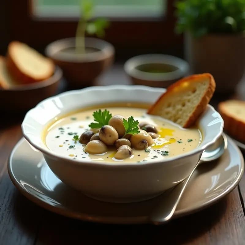 Plato hondo blanco con crema de pasto y hongos salvajes espesa, decorada con perejil fresco y un hilo de aceite de oliva, servida con pan tostado al lado.