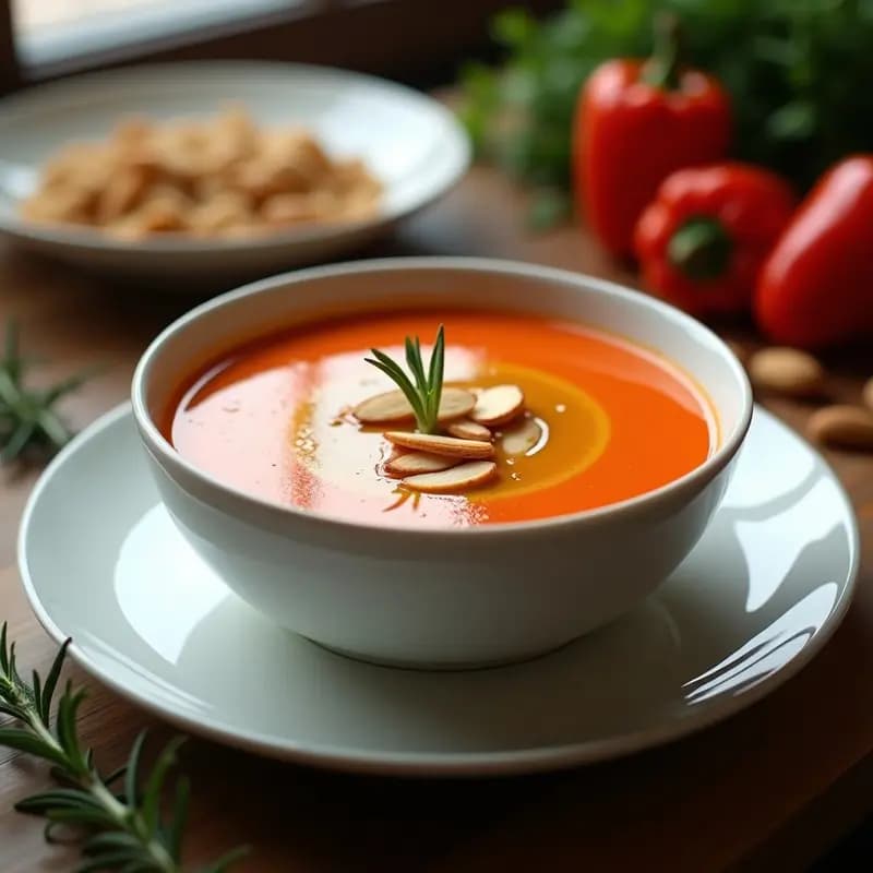 Cuenco blanco con crema de pсто de piquillo humeante, decorada con almendras fileteadas tostadas y un hilo de aceite de oliva virgen extra, sobre fondo rústico de madera.