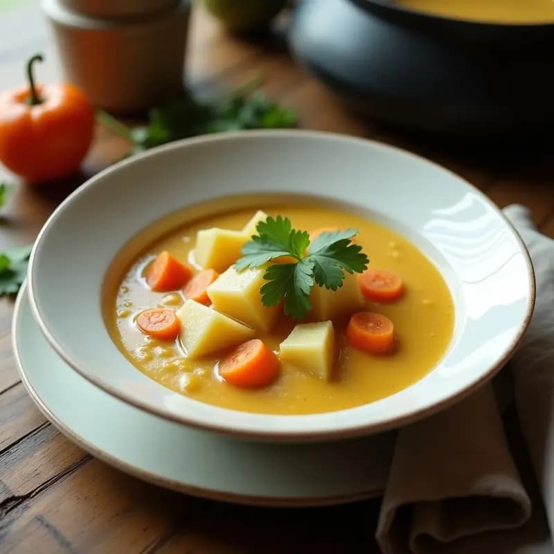 Plato hondo de cerámica blanca con crema de pasto reses vegana, espolvoreada con cilantro fresco y acompañada de rodajas de zanahoria y papa, receta colombiana tradicional.