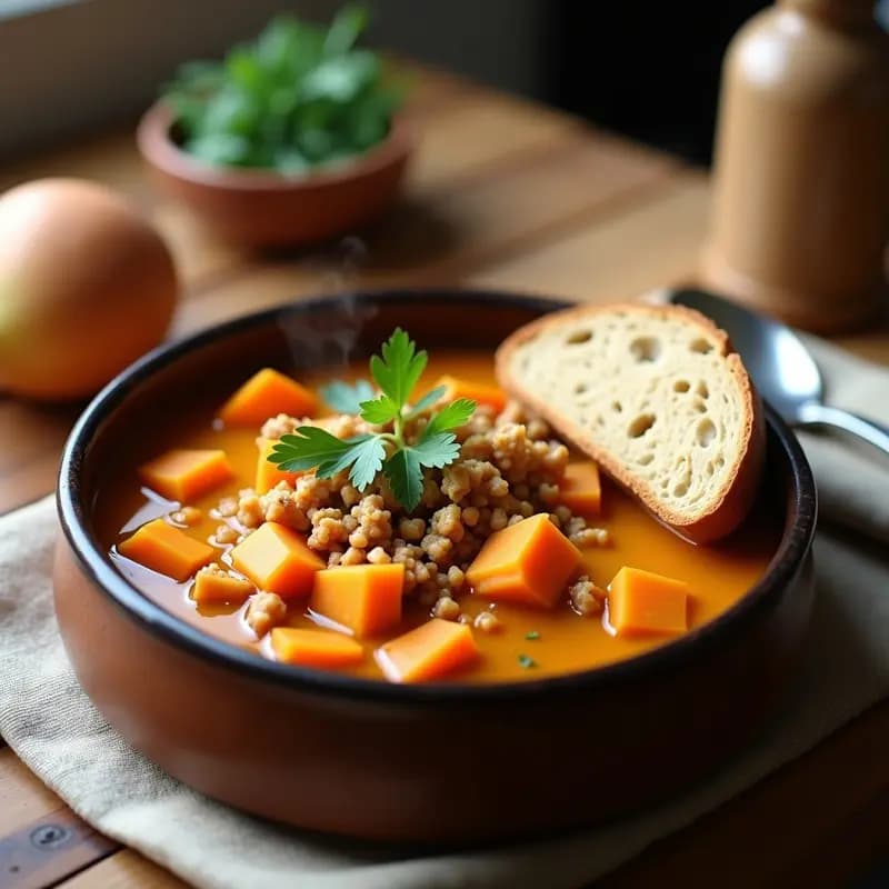 Plato hondo de barro con crema pastor vegana espesa, de color naranja intenso por la batata, con trozos de tofu ahumado desmenuzado y perejil fresco. Acompañada de rebanada de pan integral.