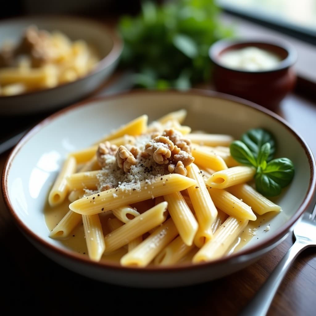 Plato hondo blanco con crema pastore espesa, pasta penne bañada en salsa de gorgonzola, nueces tostadas y virutas de parmesano, receta italiana cremosa.