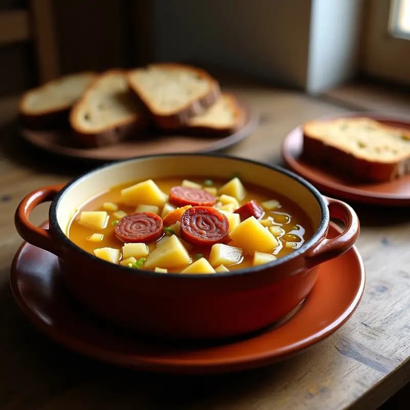 Olla de barro con crema paysana menorquina humeante, patatas, col y trozos de chorizo y sobrasada, servida con rebanadas de pan rústico en una mesa de madera.