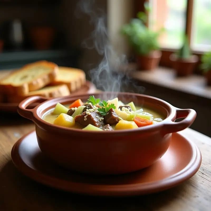 Olla de barro con crema de pastoreo humeante, trozos de cordero y lechuga, servida en cuenco rústico con queso rallado por encima.