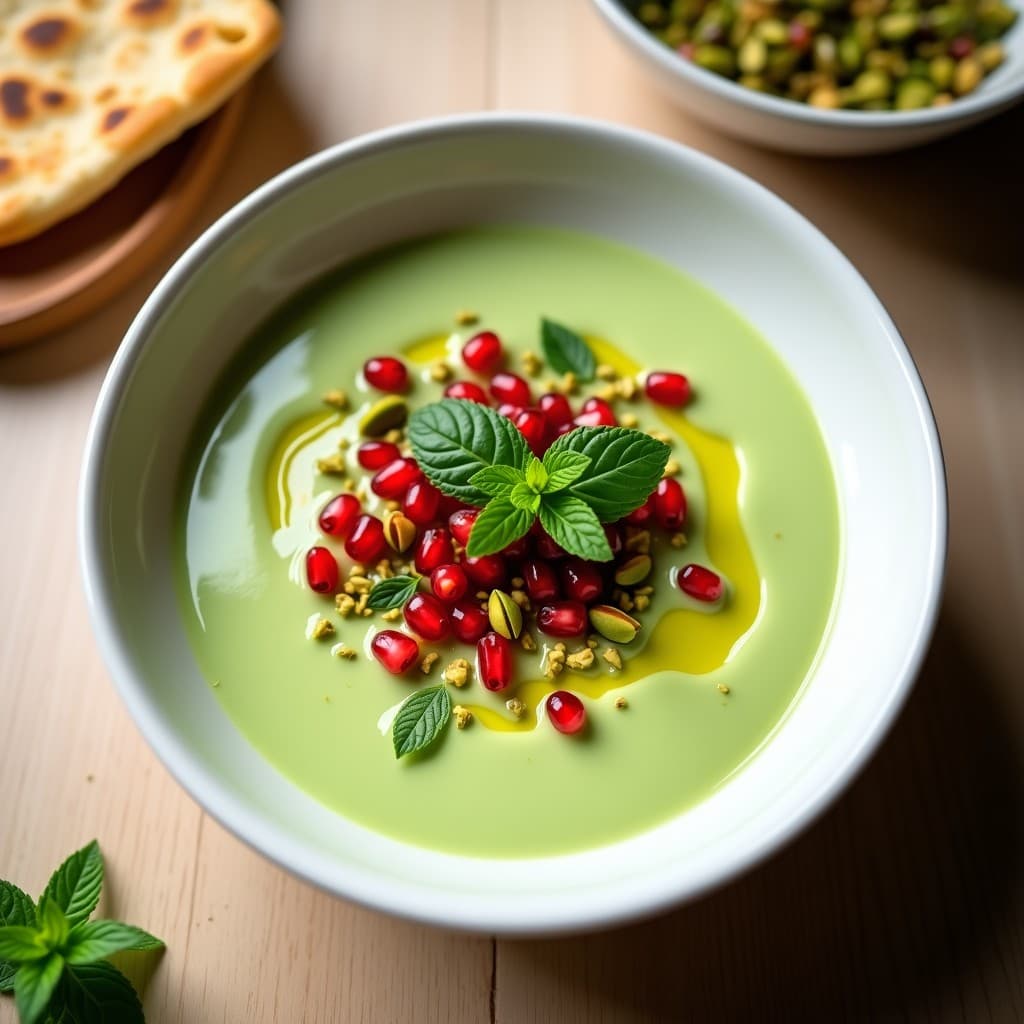 Cuenco de cerámica blanca con crema fría de pepino y aguacate de color verde claro, decorada con semillas de granada rojas brillantes y almendras fileteadas tostadas. Fondo con hojas de toronjil y un hilo de aceite de oliva. Receta iraní sin lácteos.