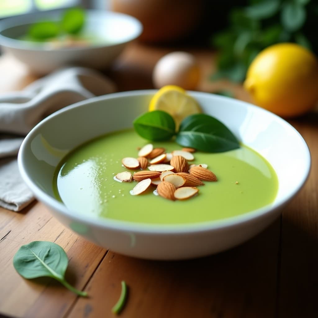 Crema fría de color verde vibrante servida en un cuenco blanco sobre una mesa de madera, con crujiente de almendra dorado espolvoreado por encima y una rodaja de limón al lado. Receta probiótica de pepino, espinaca y kéfir sin cocción.