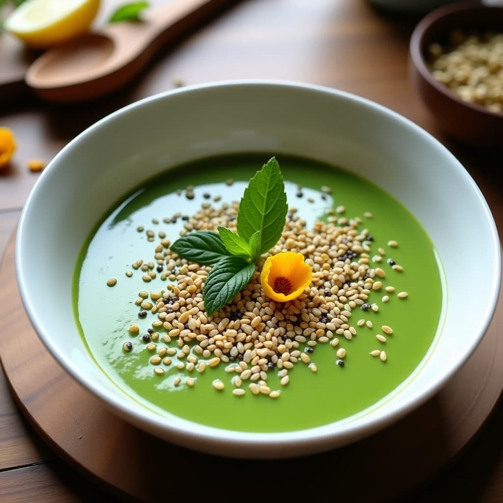 Cuenco blanco con crema fría de pepino y espirulina de color verde esmeralda, decorada con crujiente de semillas de chía, lino dorado y sésamo tostado, hojas de menta fresca y pétalos de flor de calabaza. Plato refrescante y vegano sobre fondo rústico de madera.