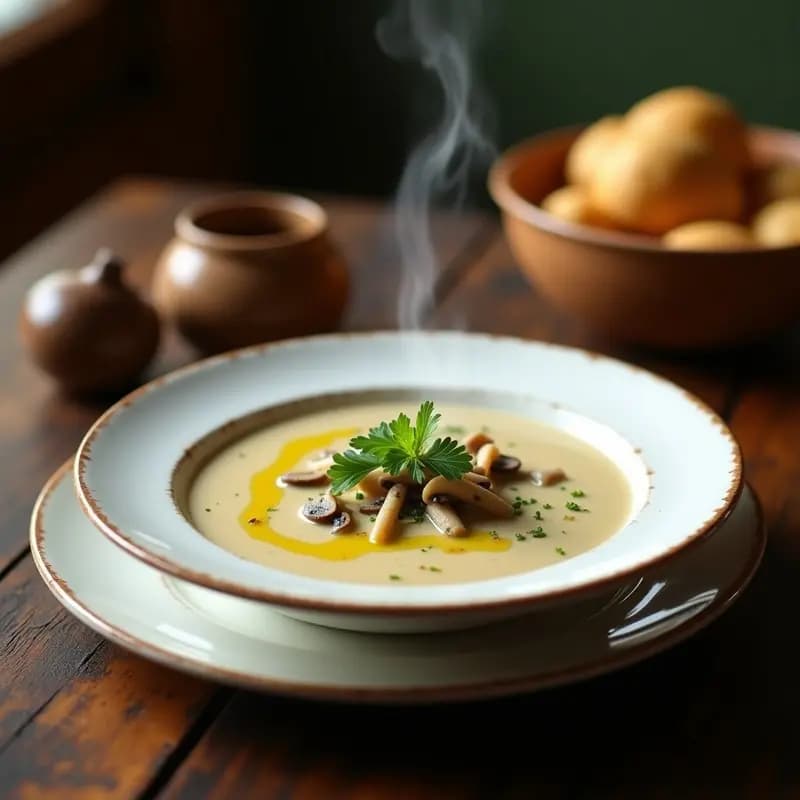 Cuenco blanco con crema de porros y setas humeante, decorada con perejil fresco y un hilo de aceite de oliva, sobre fondo rústico de madera.