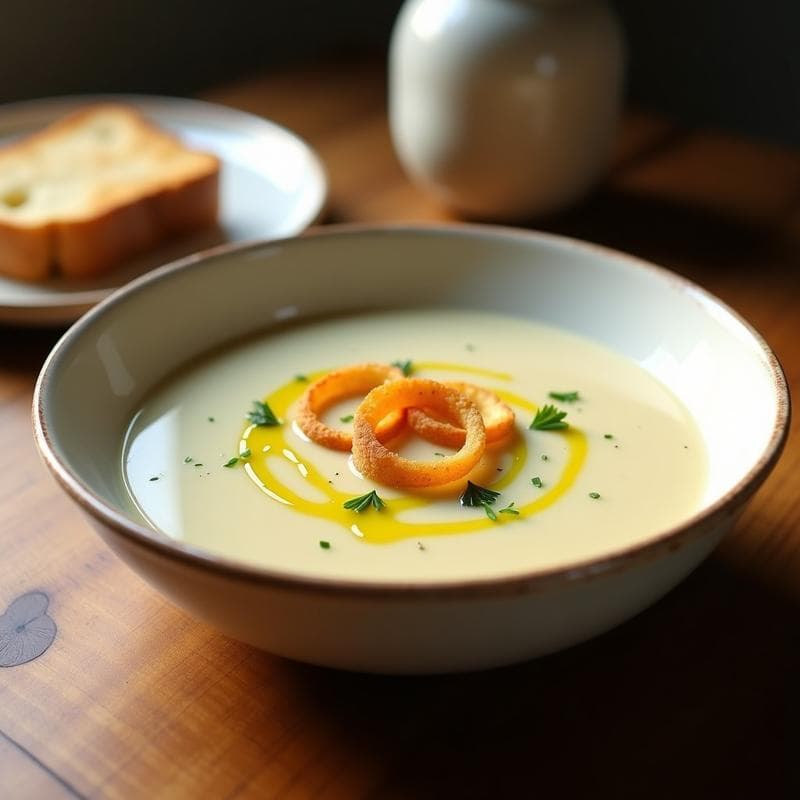 Cuenco blanco con crema de puerro y patata humeante, decorada con un hilo de aceite de oliva y rodajas de puerro crujiente, servida con pan tostado. Receta airfryer express.
