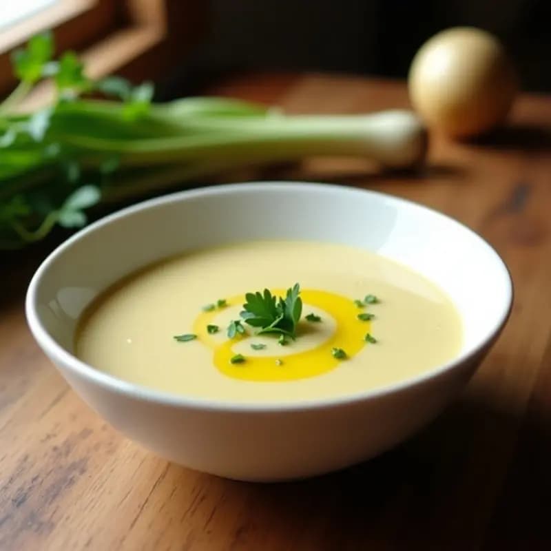 Cuenco blanco con crema de puerro y patata baja en calorías, decorada con perejil fresco y un hilo de aceite de oliva virgen extra, sobre fondo rústico de madera.