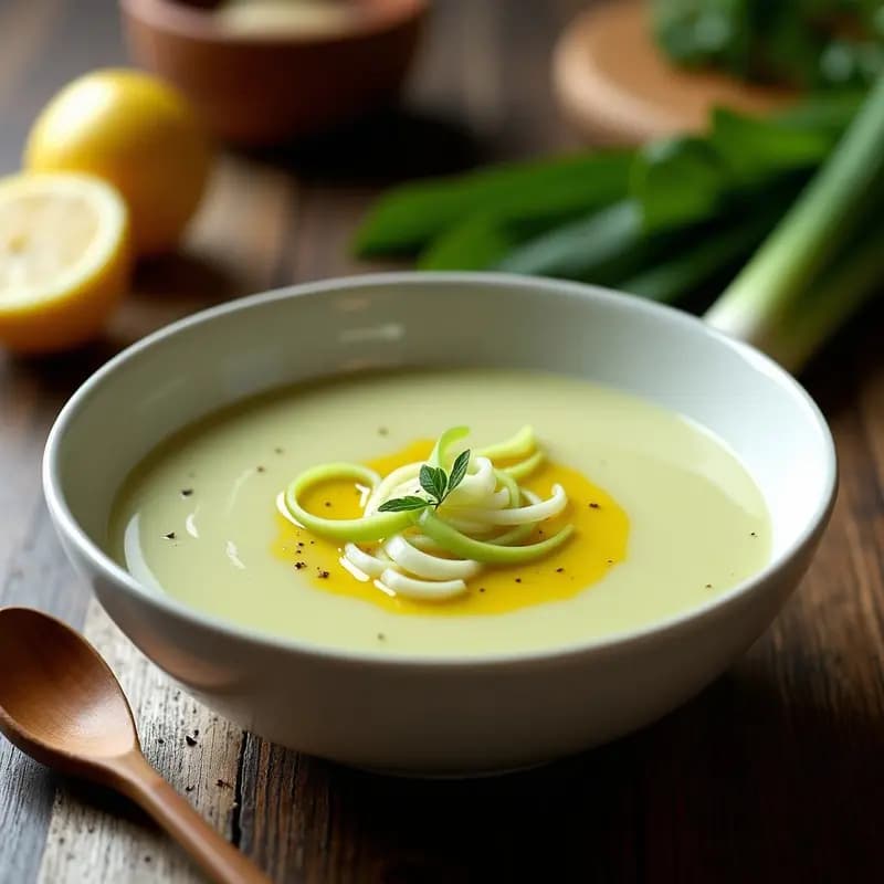 Cuenco blanco con crema de puerro y patata al termostato, decorada con un hilo de aceite de oliva y láminas de puerro crudo, sobre fondo rústico de madera.