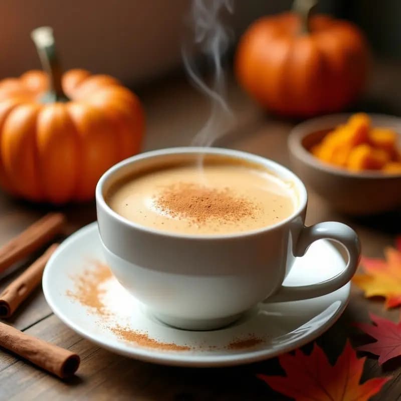 Taza de cerámica blanca con chai latte de calabaza vegano, espolvoreado con canela, sobre una mesa de madera rústica con hojas de otoño y una cuchara de madera.