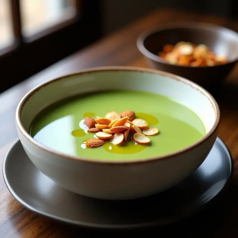 Cuenco blanco de cerámica con crema de wasabi y brócoli de color verde intenso, espolvoreada con crujiente de almendras doradas tostadas. Plato de receta japonesa keto en Thermomix, decorado con un hilo de aceite de oliva virgen extra sobre fondo rústico de madera.