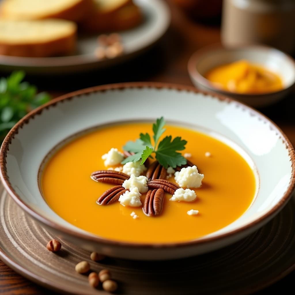 Crema de zapallo Anco andina en plato hondo de barro, con trozos de queso de cabra blanco y nueces pecanas tostadas espolvoreadas. Fondos borrosos de cocina rústica con detalles de especias y hierbas frescas.