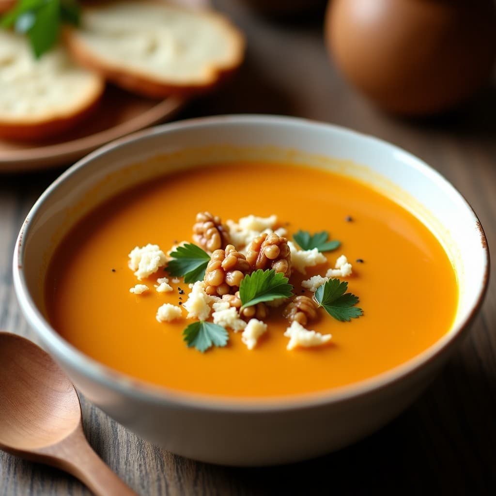 Plato hondo de barro con crema de zapallo anco de color naranja intenso, coronada con queso de oveja rallado derretido, nueces tostadas picadas y hojas de cilantro fresco. Fondo rústico con textura de madera y luz cálida que resalta los ingredientes de esta sopa peruana en olla lenta.