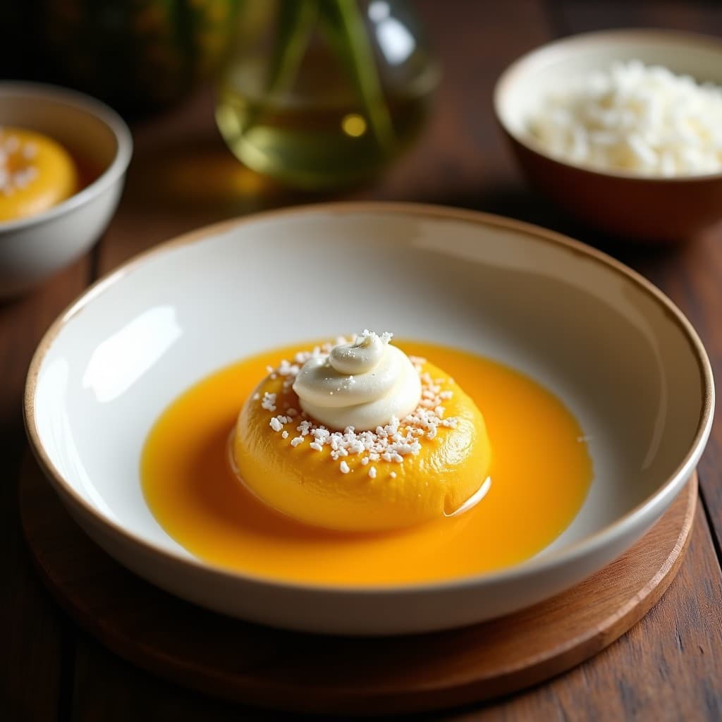Crema de zapallo y jengibre con virutas de coco en cuenco de cerámica blanca, decorada con cilantro fresco y virutas de coco tostado dorado. Fondo de madera rústica con pan de maíz perulero al lado.