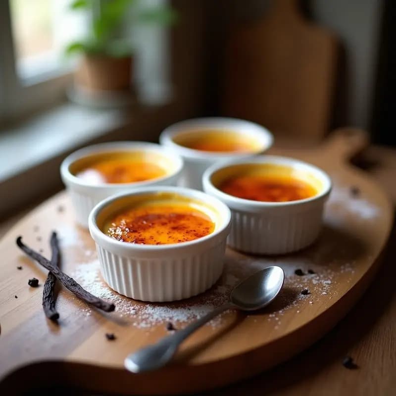 Cuatro ramequines de porcelana blanca con Crème Brûlée Francesa de vainilla, cubiertos de una capa dorada y crujiente de azúcar caramelizado, servidos en una bandeja de madera con una cuchara de plata y semillas de vainilla esparcidas alrededor.