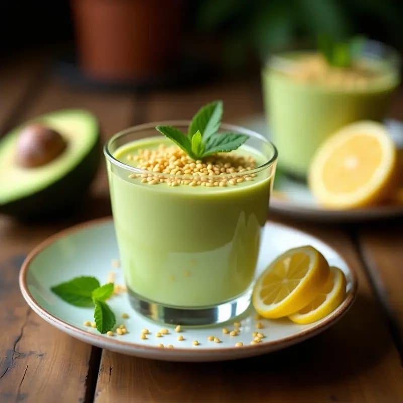 Cremoso de aguacate y limón en copa de cristal transparente, con textura sedosa y color verde pálido, coronado por un crujiente de semillas de girasol, calabaza y sésamo negro tostadas. Fondo borroso con ingredientes naturales como aguacates, limones tahití y semillas sueltas. Postre colombiano sin azúcar.