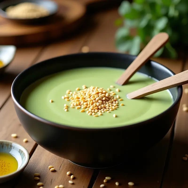 Cuenco hondo de cerámica negra con cremoso de calabacín y wasabi, color verde pálido con vetas, espolvoreado con sésamo tostado dorado. Fondo de madera rústica con semillas de sésamo esparcidas y cuchara de madera.
