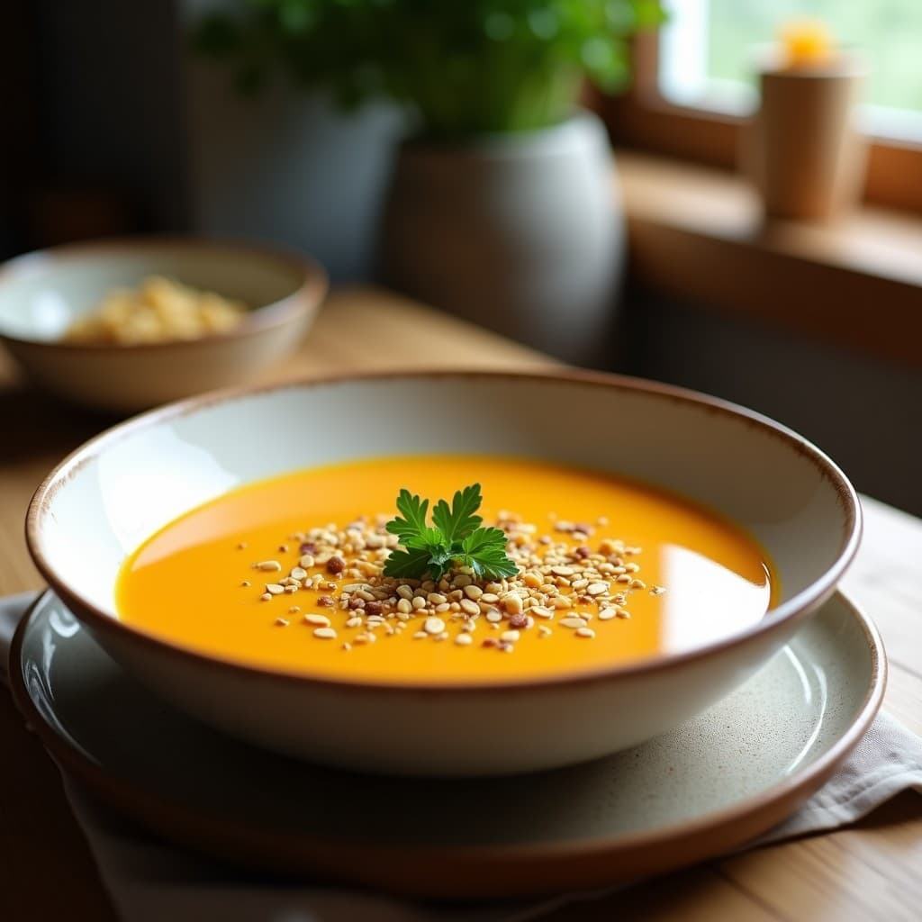 Cuenco hondo de cerámica blanca con cremoso de calabaza butternut y jengibre de color naranja intenso, coronado con crujiente de semillas doradas y perejil fresco. Plato vegano en olla lenta con textura sedosa y contraste de colores.