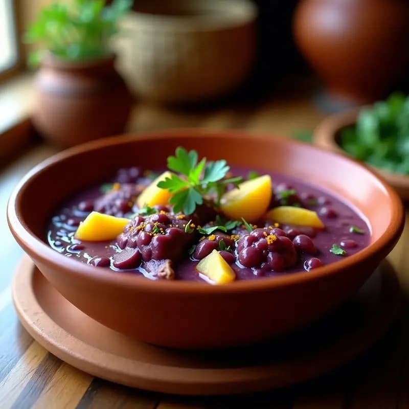 Plato hondo de barro con cremoso de maíz morado y pollo desmenuzado, decorado con hojas de culantro fresco y hebras de azafrán, con un fondo rústico de cocina colombiana.