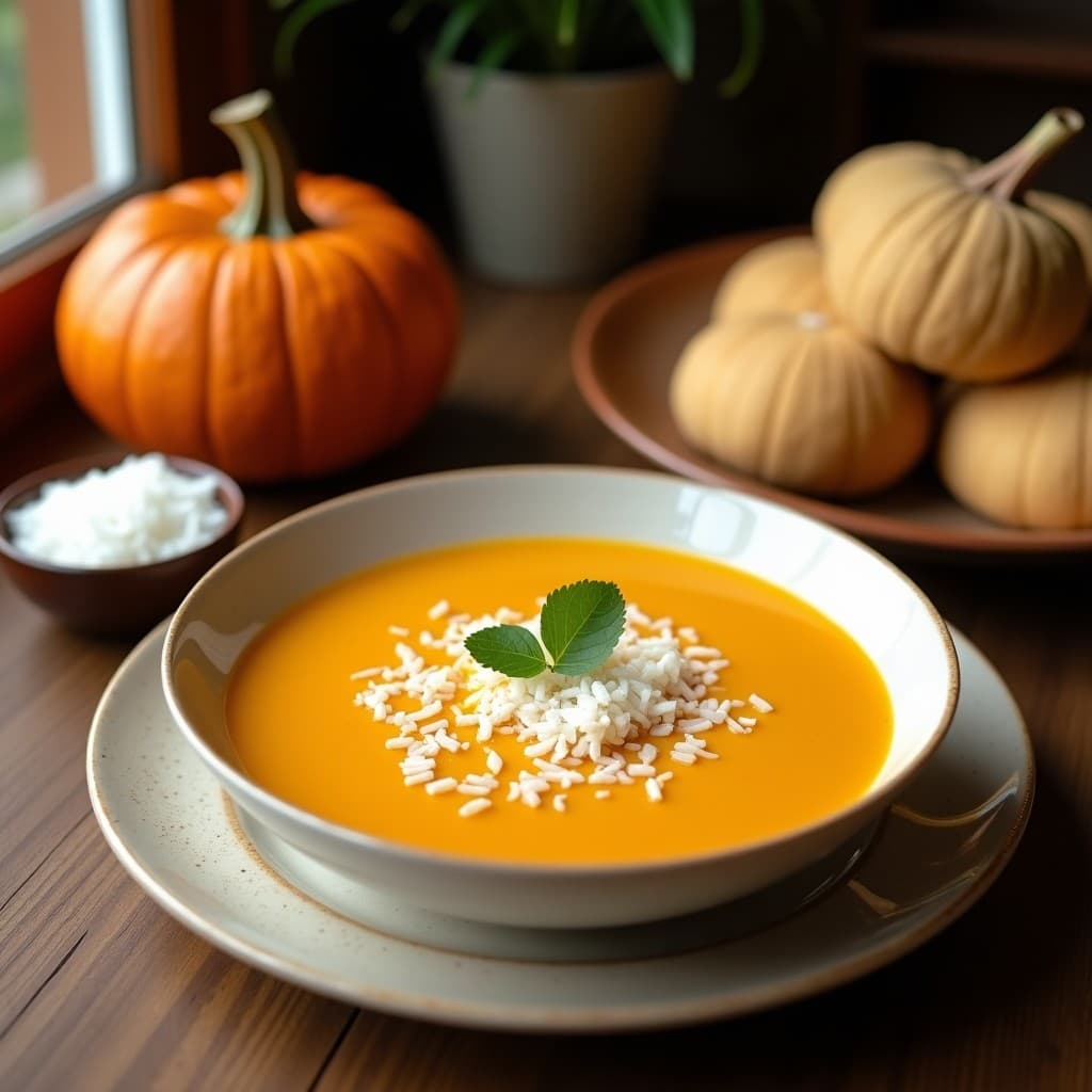 Cuenco hondo de cerámica negra con Cremoso de Zapallo y Jengibre con Virutas de Coco, sopa tailandesa vegana de color naranja intenso, decorada con virutas de coco doradas, hojas de cilantro fresco y un hilo de zumo de lima, sobre fondo rústico de madera con ingredientes dispersos como jengibre, lima y hojas de kaffir.