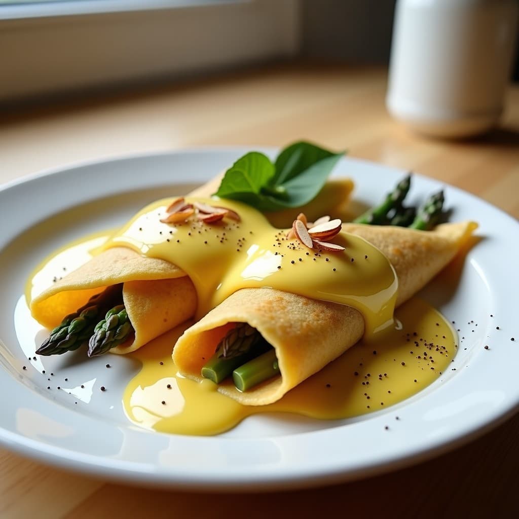Plato blanco con crepes doradas de lentejas rojas rellenas de espárragos trigueros salteados, bañadas en salsa holandesina vegana de color amarillo dorado, decoradas con puntas de espárrago fresco y virutas de almendra. Desayuno francés sin gluten y vegano.