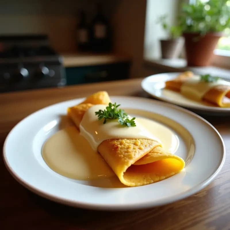 Plato blanco con crepes de alforfón dorados rellenos de crema de avellana, decorados con rodajas de plátano y espolvoreados con cacao en polvo, sobre un mantel rústico de lino. Desayuno francés sin gluten y vegano.