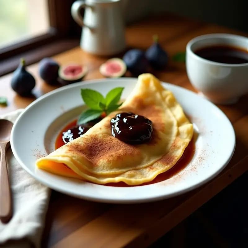 Plato blanco con crepes doradas de harina de almendra dobladas en forma de abanico, rellenas de mermelada de higo brillante y espolvoreadas con canela. Fondo rústico con higos frescos y una cuchara de madera.