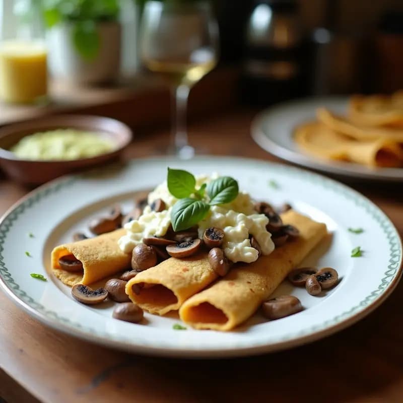 Crepes doradas de buckwheat rellenas de champiñones portobello salteados y queso brie derretido, servidas en un plato blanco rústico con tomillo fresco. Receta francesa sin gluten para brunch.