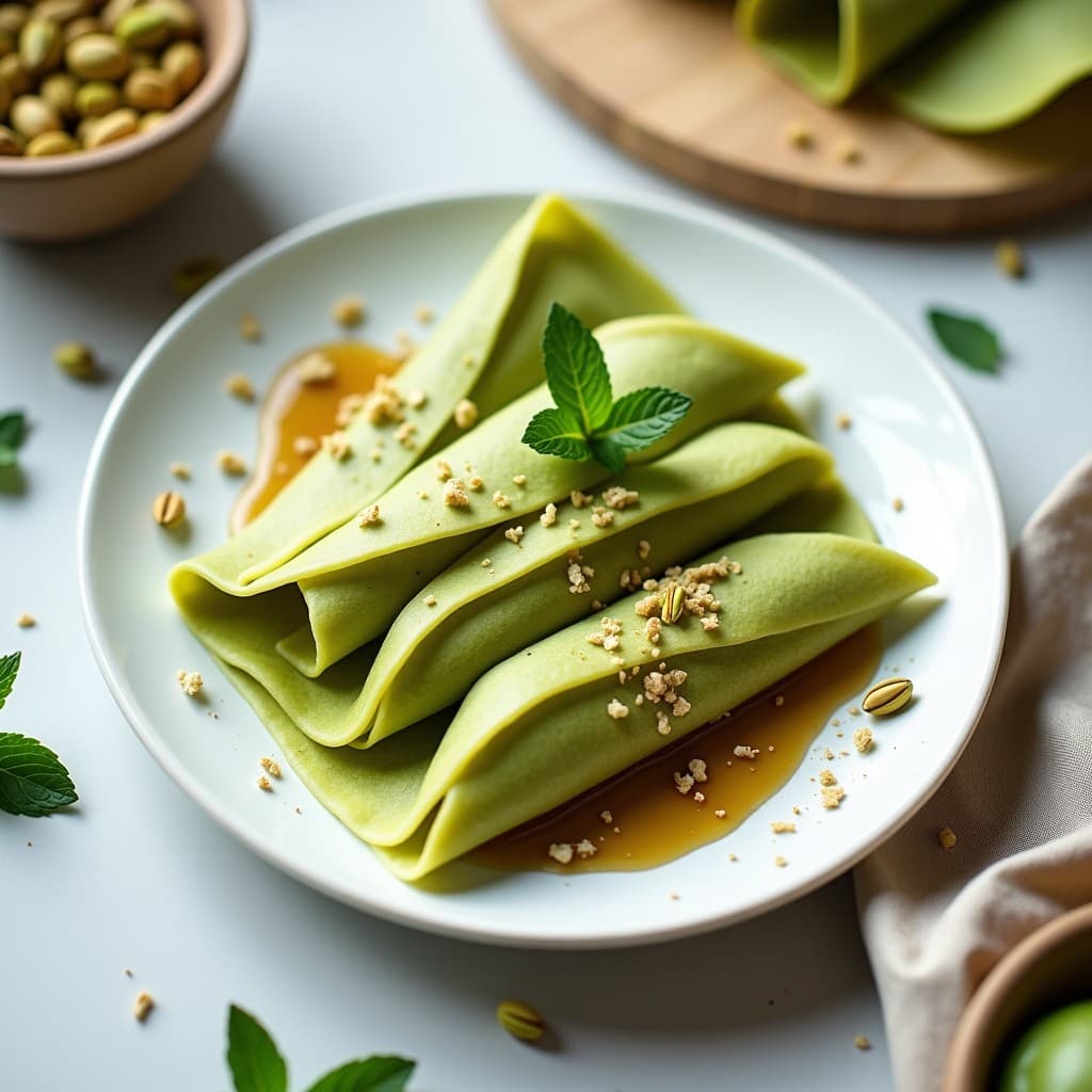 Plato blanco con crêpes de espelta y matcha rellenos de crema de pistacho, decorados con pistachos picados y matcha en polvo, servidos sobre una mesa de madera con fondo desvanecido.