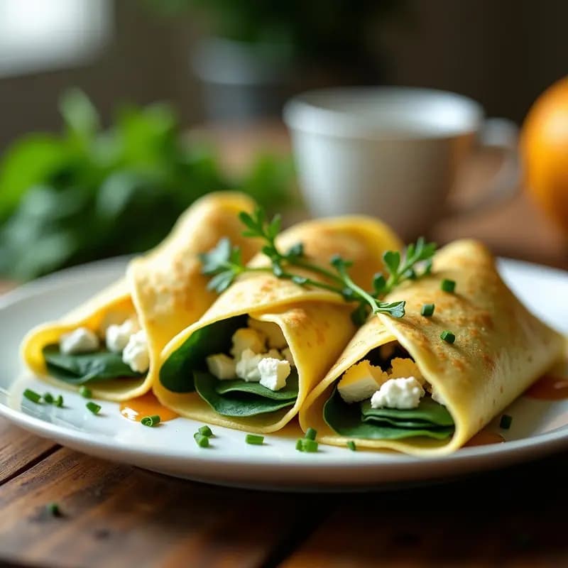 Crêpes doradas de espinaca con relleno de queso de cabra desmenuzado y hilo de miel de tomillo, servidas en plato blanco con cebollino picado y hojas de espinaca fresca como decoración.