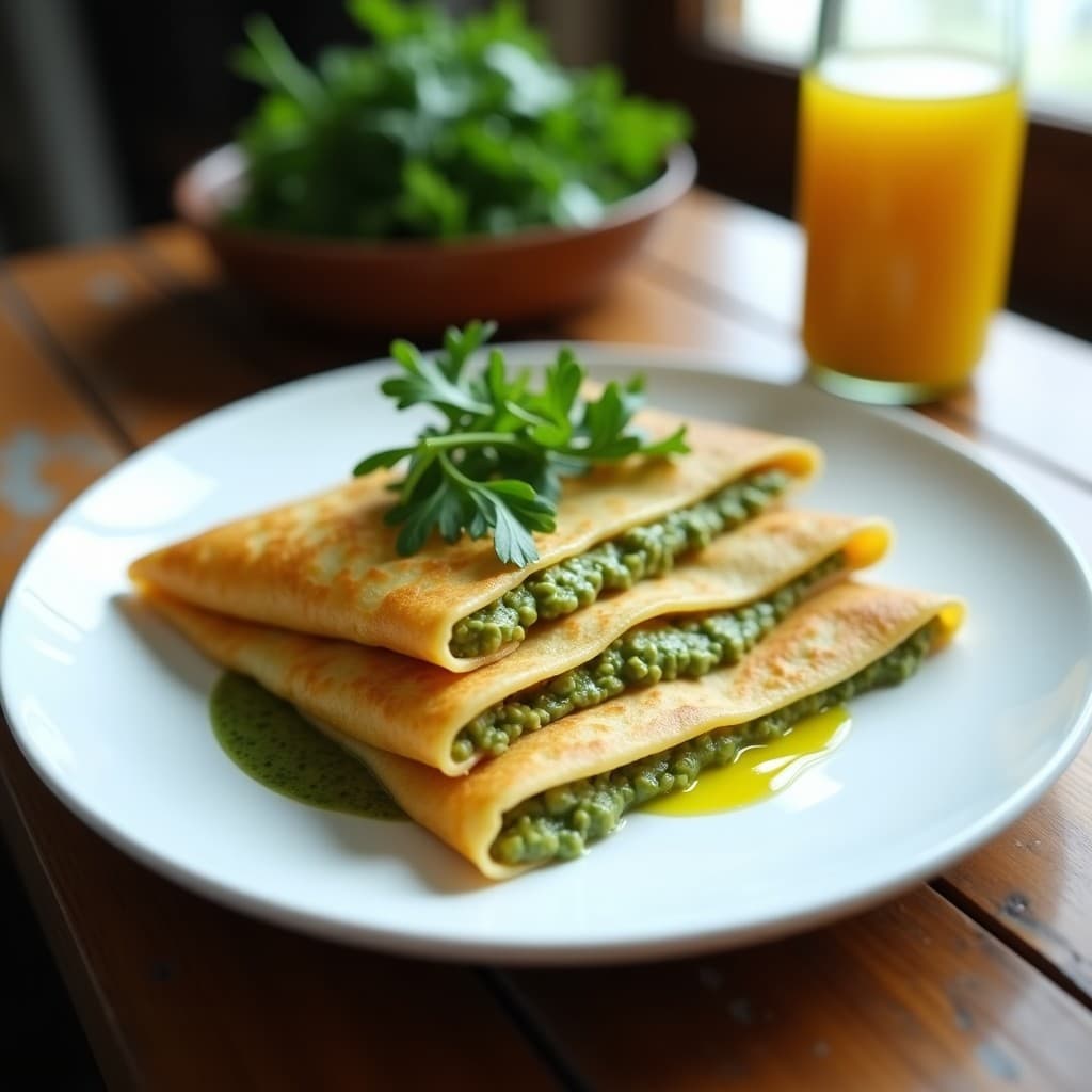 Plato blanco con crepes de garbanzo dorados y finos, rellenos de pesto de rúcula de color verde intenso, decorados con hojas frescas de rúcula y un hilo de aceite de oliva. Receta vegana y sin gluten.