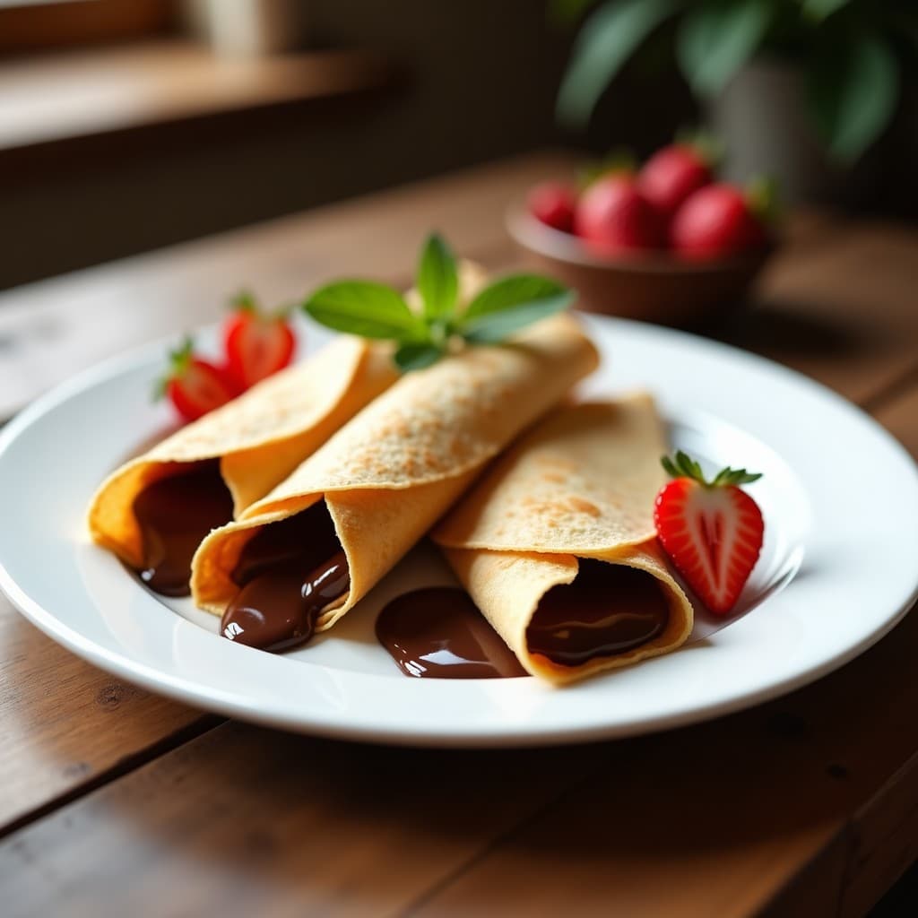 Plato blanco con crepes doradas de harina de almendra rellenas de nutella casera oscura y fresas rojas frescas, desayuno sin gluten gourmet.