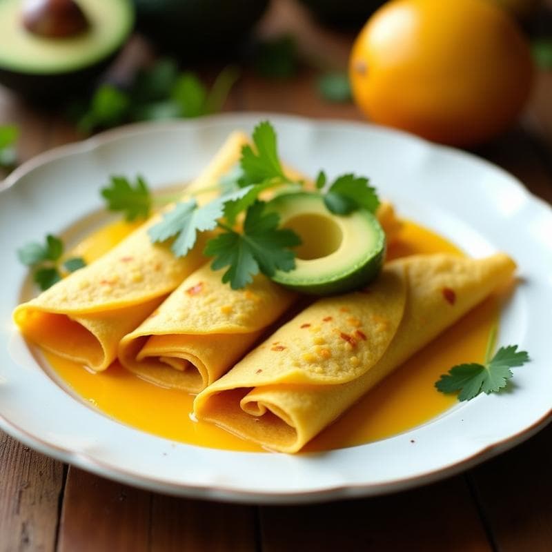 Plato blanco con crepes dorados de harina de arroz y cúrcuma rellenos de láminas de aguacate, bañados en salsa de mango naranja y decorados con cilantro fresco.