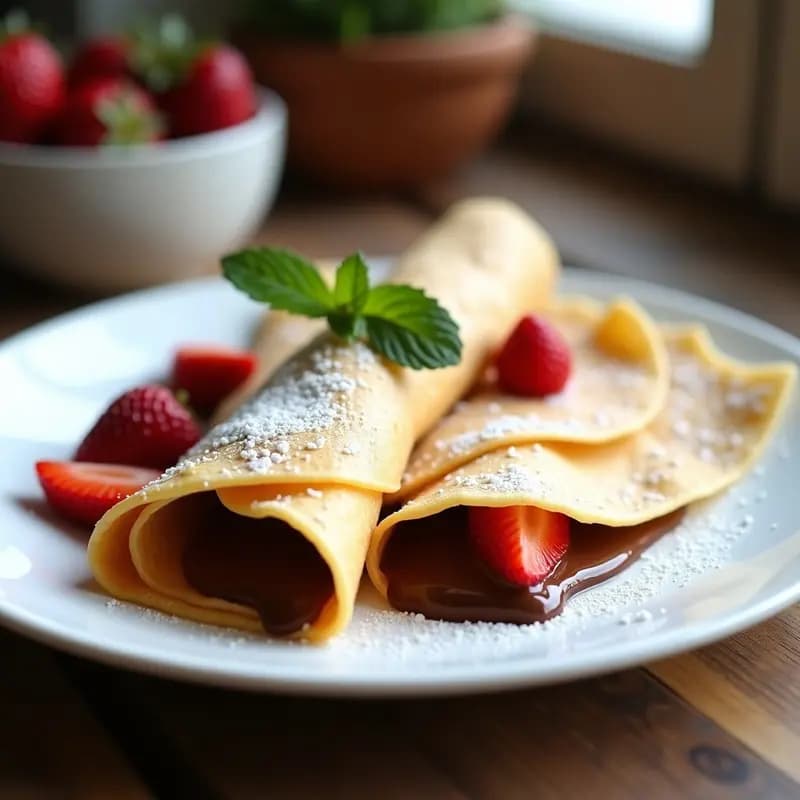 Plato blanco con crepes de harina de arroz dorados rellenos de Nutella y fresas frescas, decorados con azúcar glass y hojas de menta. Postre francés sin gluten elegantemente servido.