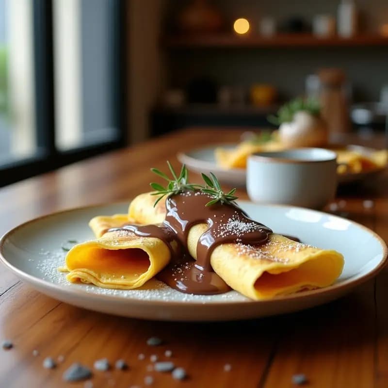 Crepes doradas y finas de harina de arroz rellenas de nutella vegana, decoradas con fresas en rodajas y avellanas picadas, servidas en un plato blanco de loza francesa.