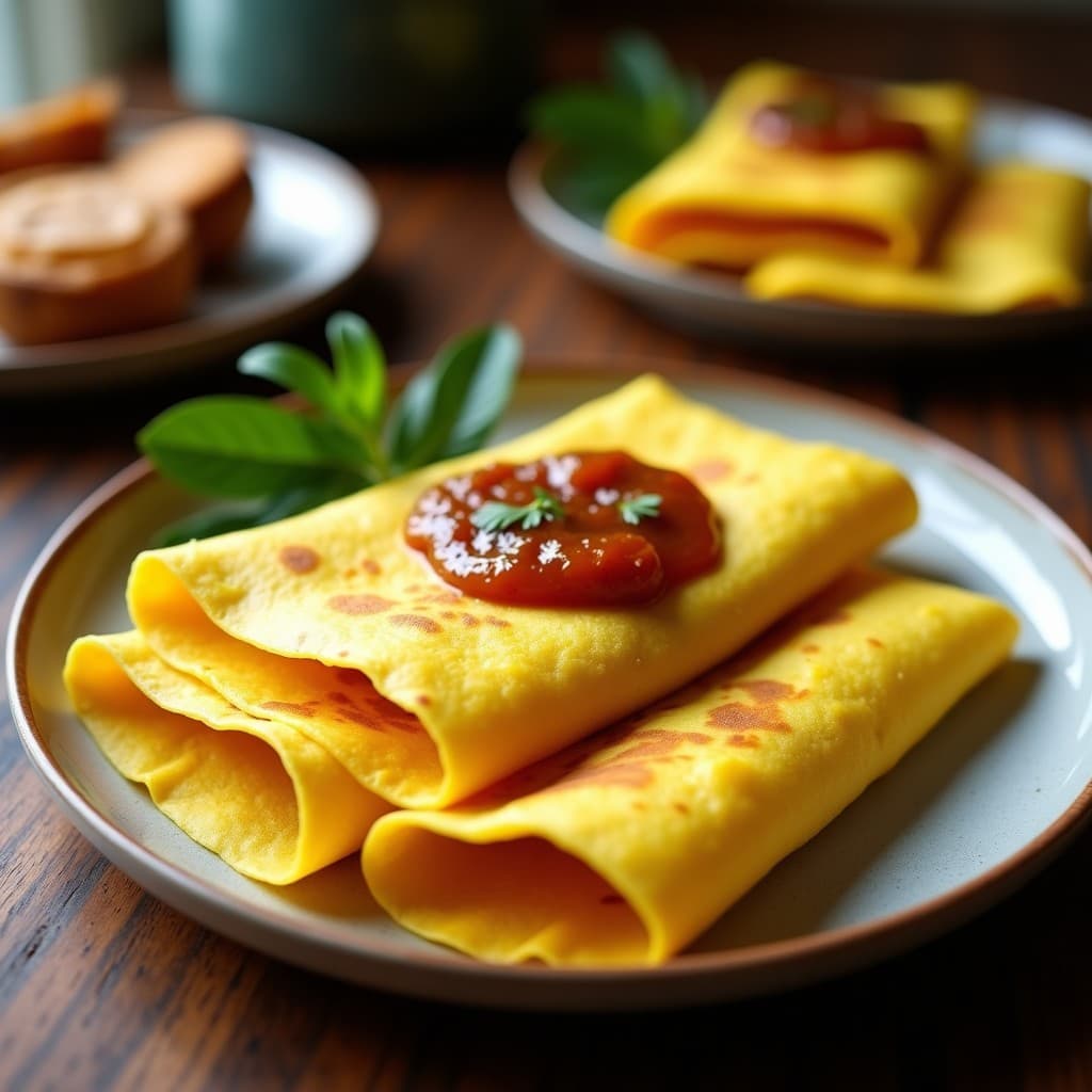 Plato blanco con crepes dorados de harina de coco y cúrcuma rellenos de mermelada de chía morada, decorados con nueces picadas y un toque de canela. Desayuno keto saludable y colorido.